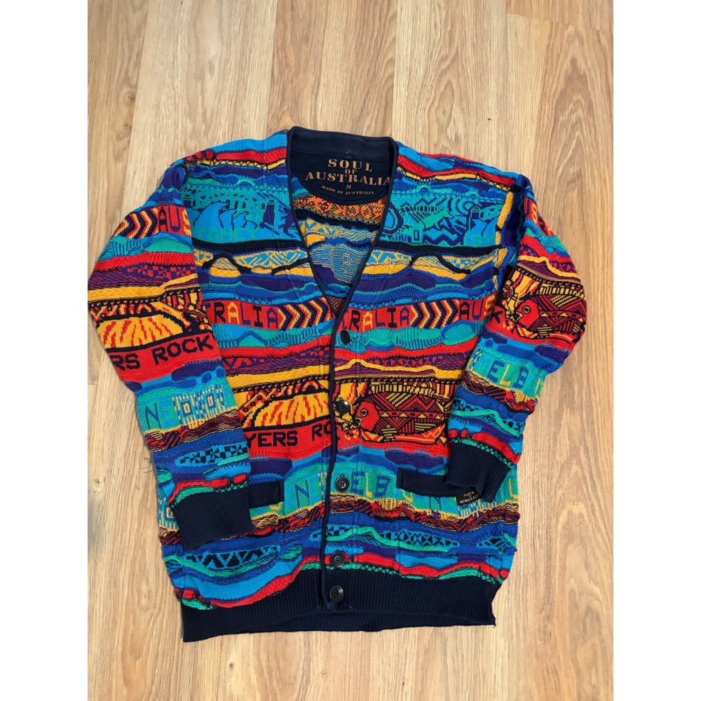 Soul of Australia 3D Knit Cardigan Mens Medium Ayers Rock Sydney Coogi Style Vtg